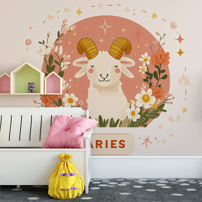 Aries - Cheerful Ram Mural Wallpaper | Soft Pastels, Floral Embellishments
