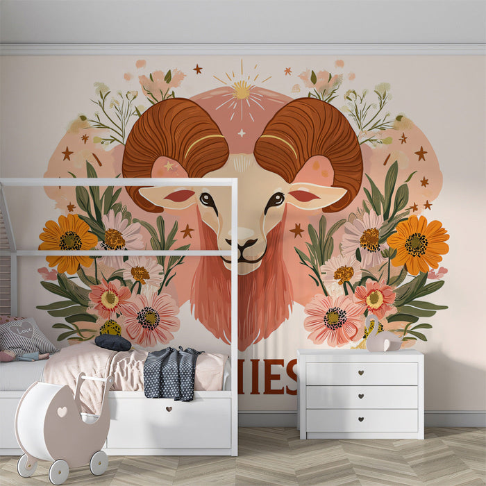 Aries - Elegant Ram Mural Wallpaper | Earthy Tones, Ornate Florals