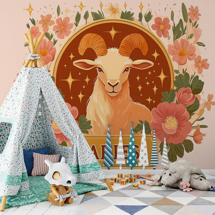 Aries - Elegant Ram Mural Wallpaper | Earthy Tones, Ornate Florals