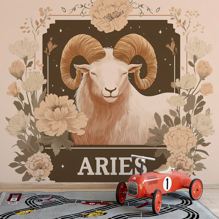 Aries - Ram Mural Wallpaper with Floral Accents