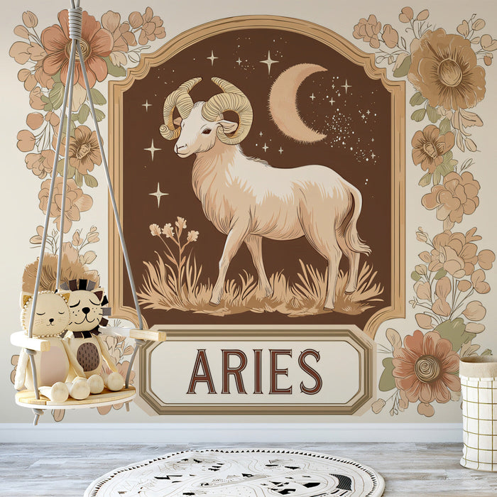 Aries - Celestial Ram Mural Wallpaper | Muted Browns, Starry Elements