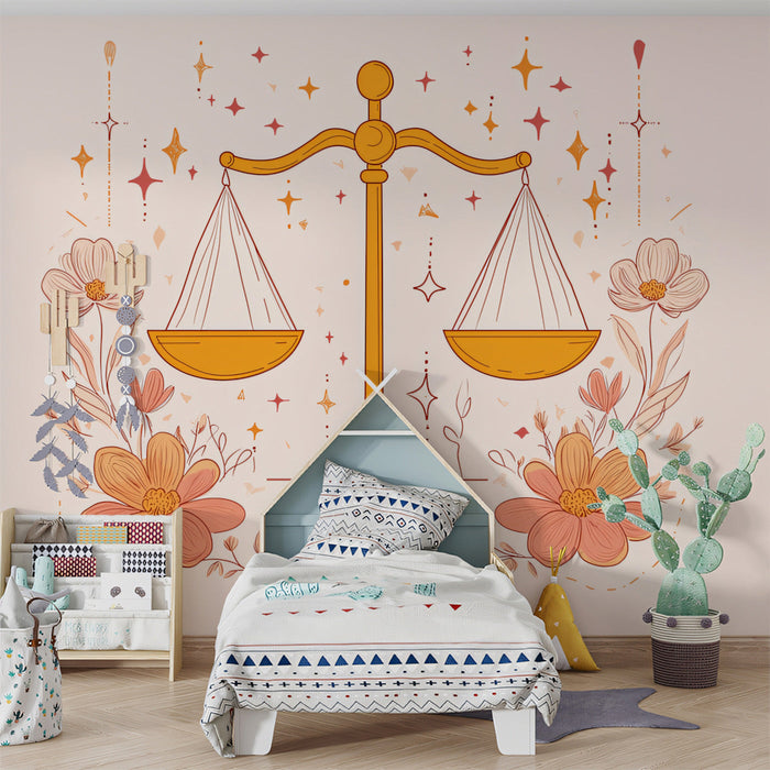 Libra - Pastel Scales Mural Wallpaper | Soft Pink, Orange, and Floral Elements