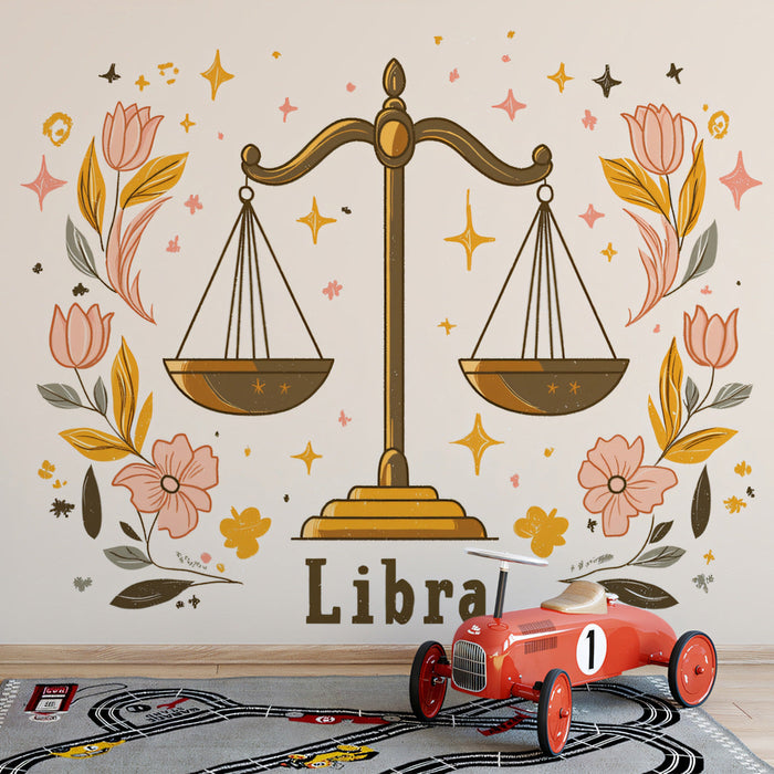 Libra - Pastel Scales Mural Wallpaper | Soft Pink, Orange, and Floral Elements