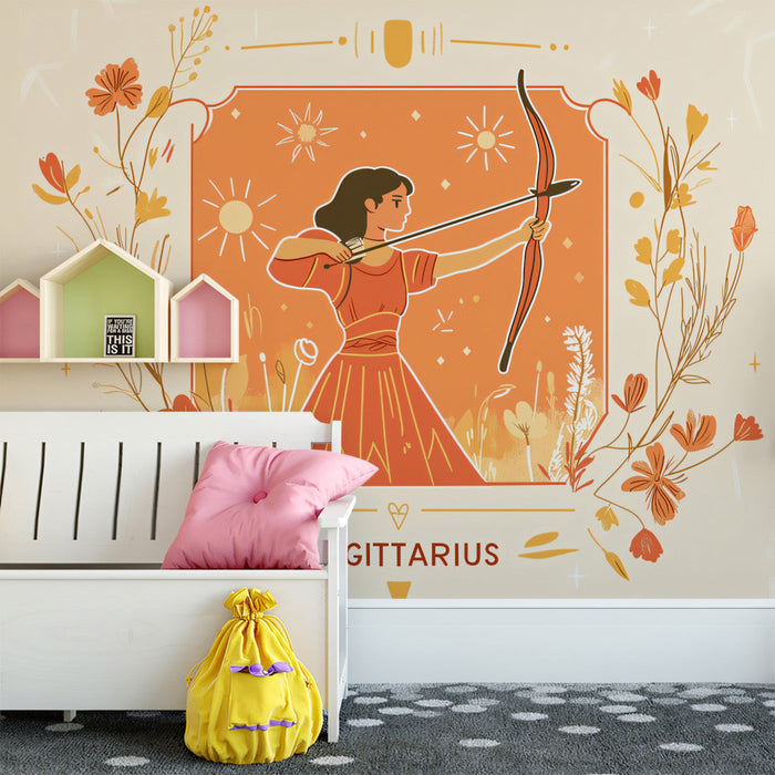 Sagittarius - Archer Adventure Mural Wallpaper | Earthy Orange, Yellow, and Floral Borders