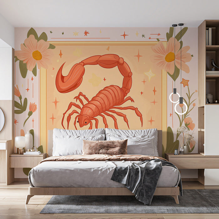 Scorpio - Fiery Scorpion Mural Wallpaper | Warm Orange, Red, and Floral Accents