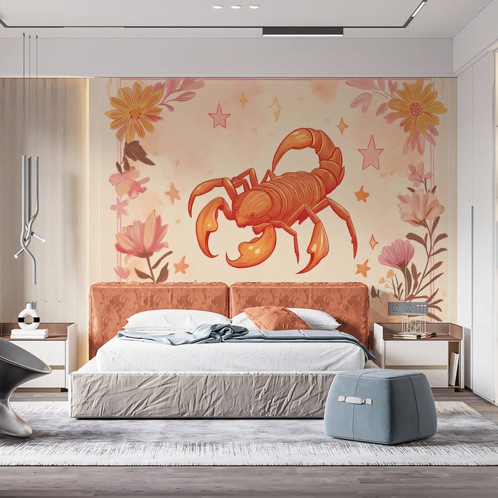 Scorpio - Mysterious Scorpion Mural Wallpaper | Dark Orange, Brown, and Starry Elements