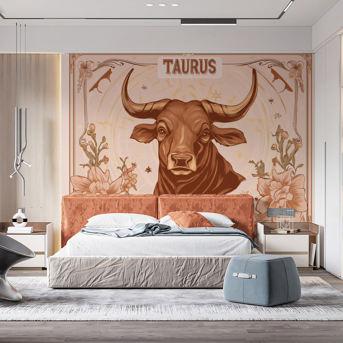 Taurus - Majestic Bull Mural Wallpaper | Earthy Tones, Floral Ornaments