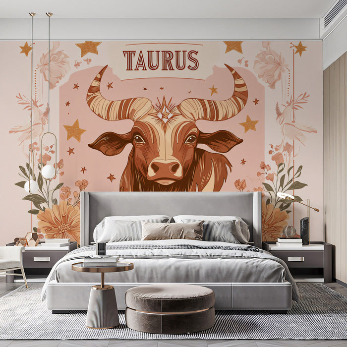 Taurus - Gentle Bull Mural Wallpaper | Soft Pinks, Floral Crown