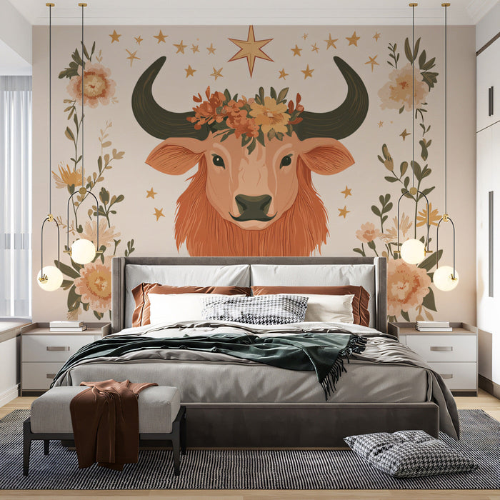 Taurus - Bull Mural Wallpaper with Floral and Starry Elements