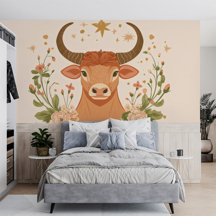 Taurus - Bull Mural Wallpaper with Floral and Starry Elements
