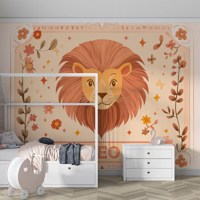Leo - Playful Lion Mural Wallpaper | Soft Browns, Floral Patterns