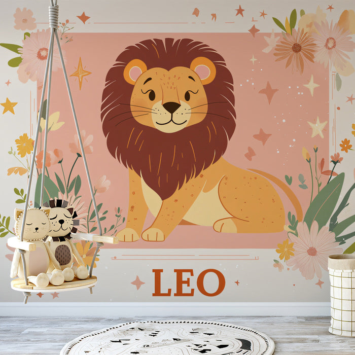Leo - Adorable Lion Mural Wallpaper | Soft Pastels, Floral Frames