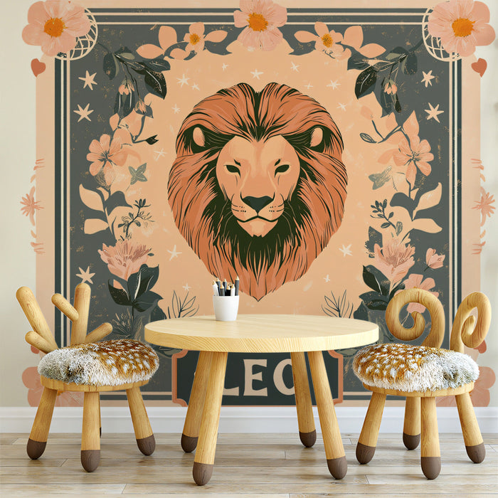 Leo - Stately Lion Mural Wallpaper | Earthy Oranges, Botanical Borders