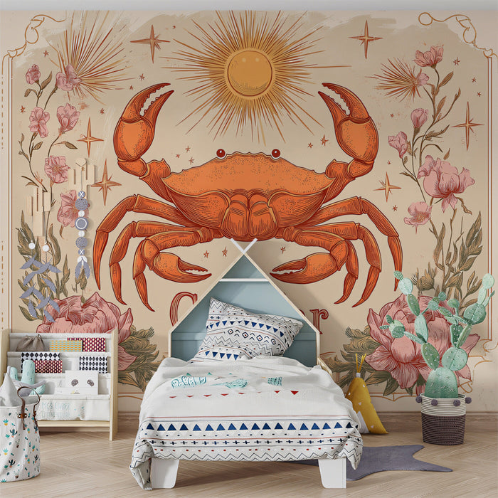 Cancer - Sunlit Crab Mural Wallpaper | Warm Browns, Celestial Motifs