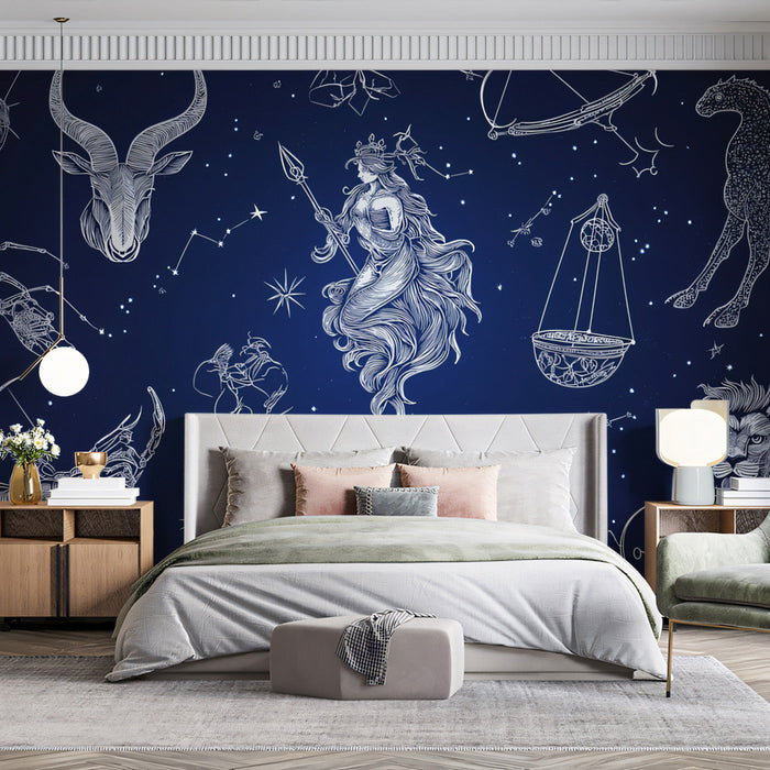 Zodiac - Celestial Map Mural Wallpaper | Dark Blue, White Constellations
