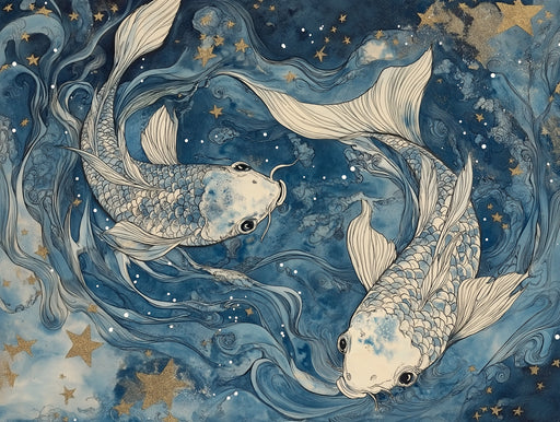 Pisces - Koi Fish Symbol Mural Wallpaper | Blue - Green, Gold Stars