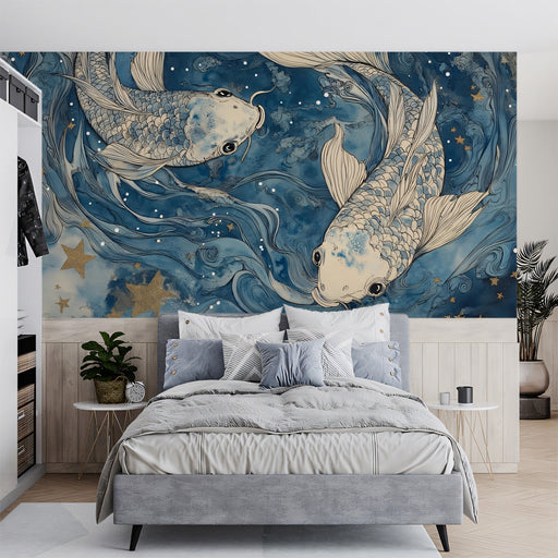 Pisces - Koi Fish Symbol Mural Wallpaper | Blue - Green, Gold Stars