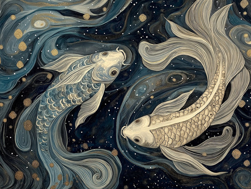 Pisces - Koi Fish Symbol Mural Wallpaper | Blue - Green, Gold Stars