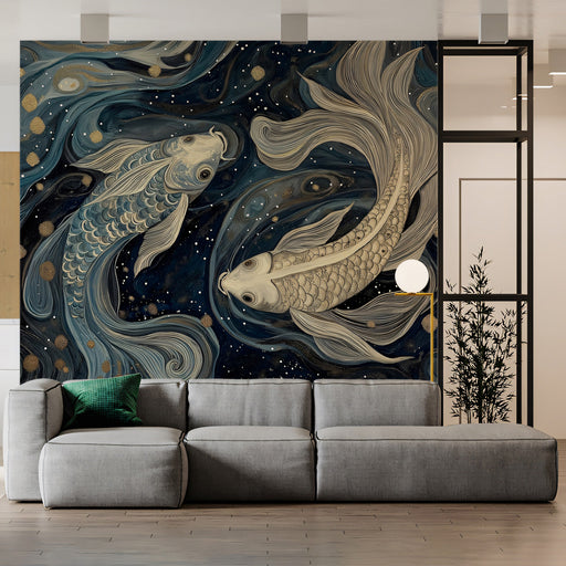 Pisces - Koi Fish Symbol Mural Wallpaper | Blue - Green, Gold Stars