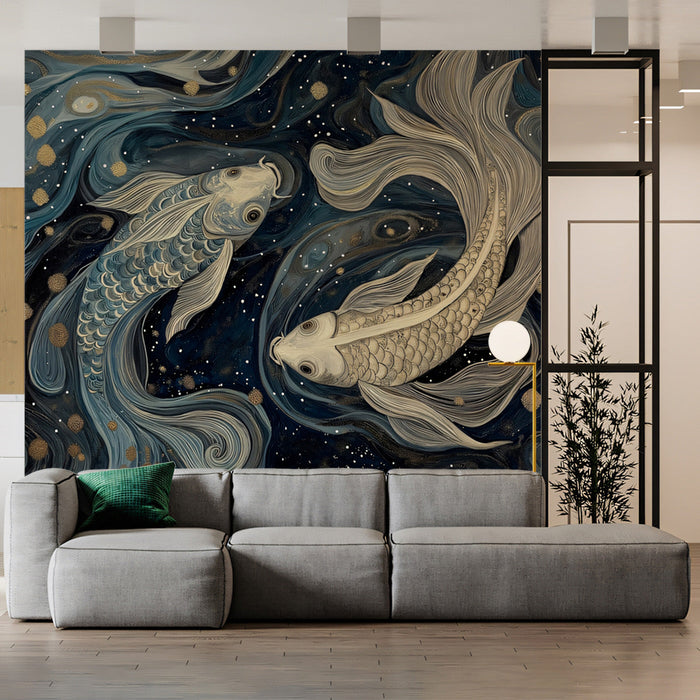 Pisces - Koi Fish Symbol Mural Wallpaper | Blue - Green, Gold Stars