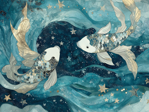 Pisces - Koi Fish Symbol Mural Wallpaper | Blue - Green, Gold Stars