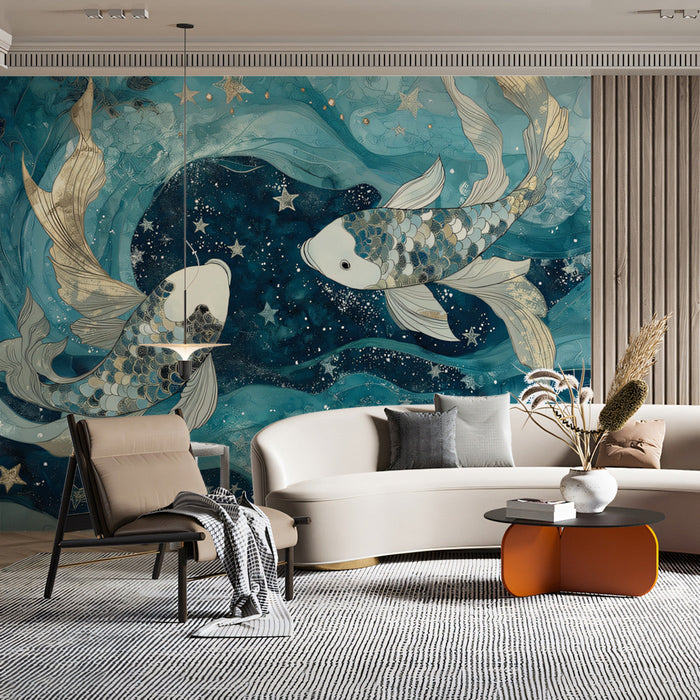 Pisces - Koi Fish Symbol Mural Wallpaper | Blue - Green, Gold Stars
