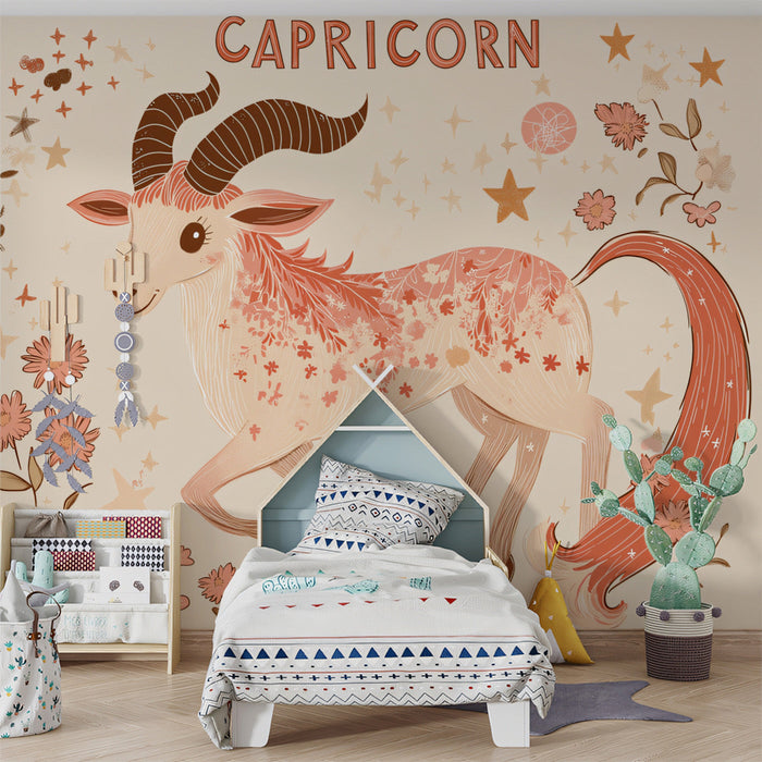 Capricorn - Playful Goat Mural Wallpaper | Soft Beige, Earthy Tones