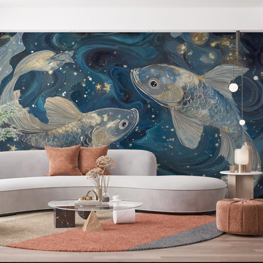 Pisces - Mystical Fish Mural Wallpaper | Deep Blues, Celestial Sparkles