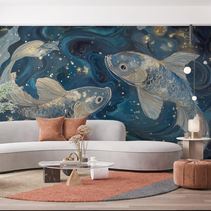 Pisces - Mystical Fish Mural Wallpaper | Deep Blues, Celestial Sparkles