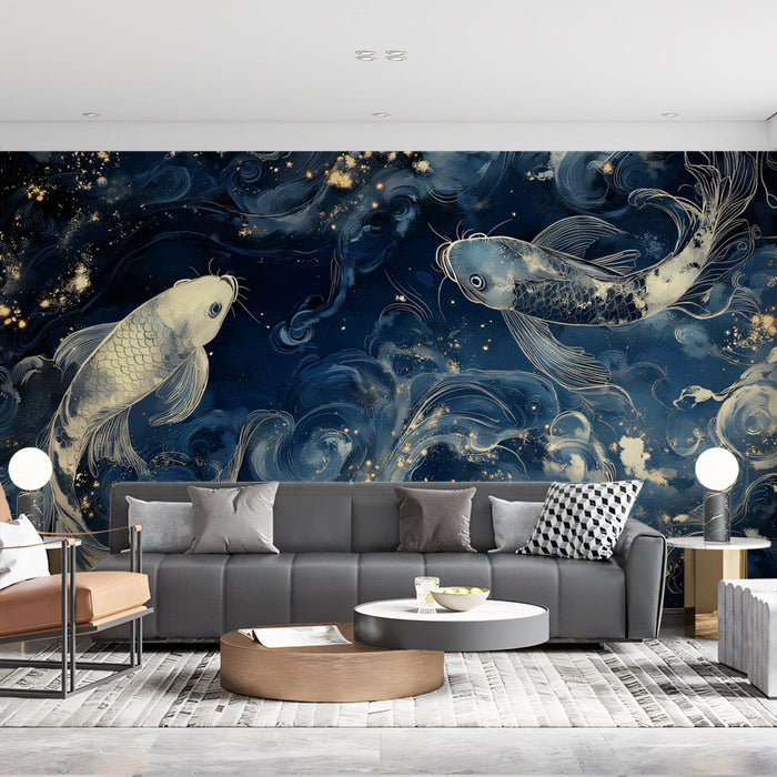 Pisces - Mystical Fish Mural Wallpaper | Deep Blues, Celestial Sparkles