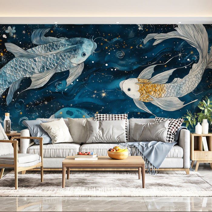 Pisces - Mystical Fish Mural Wallpaper | Deep Blues, Celestial Sparkles