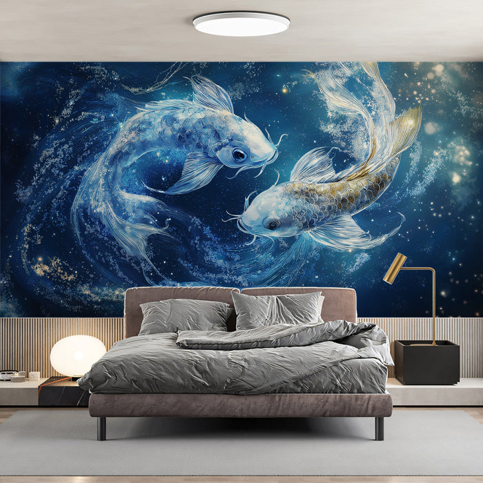 Pisces - Mystical Fish Mural Wallpaper | Deep Blues, Celestial Sparkles