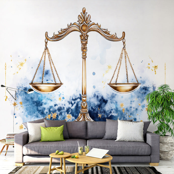 Libra - Graceful Scales Mural Wallpaper | Soft Blues, Gold Ornamentation