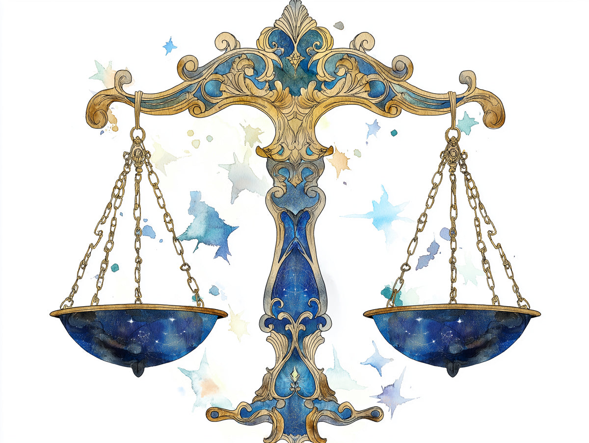 Libra - Graceful Scales Mural Wallpaper | Soft Blues, Gold Ornamentation