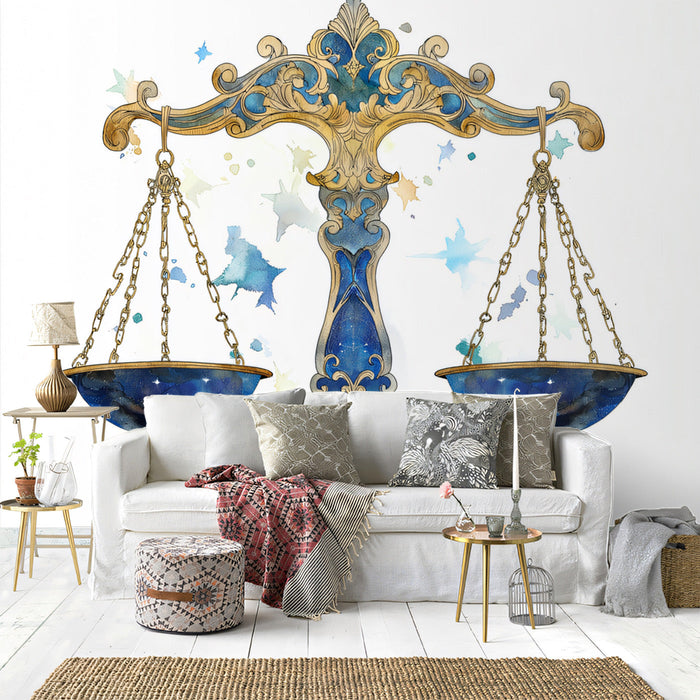 Libra - Graceful Scales Mural Wallpaper | Soft Blues, Gold Ornamentation
