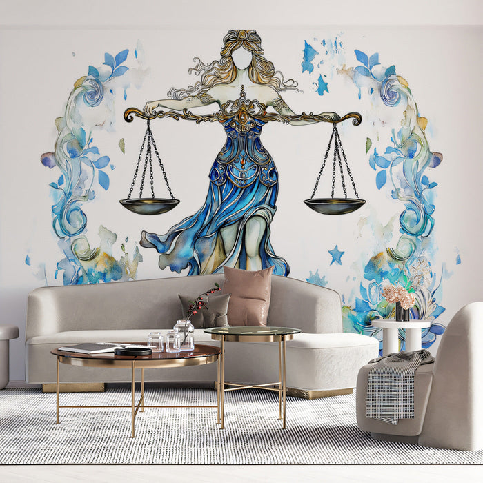 Libra - Celestial Justice Mural Wallpaper | Blue - White, Floral Accents