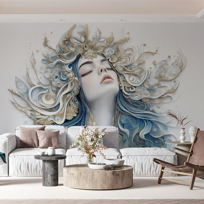 Abstract Zodiac - Inspired Mural Wallpaper | Blue - Gold, Flowing Forms