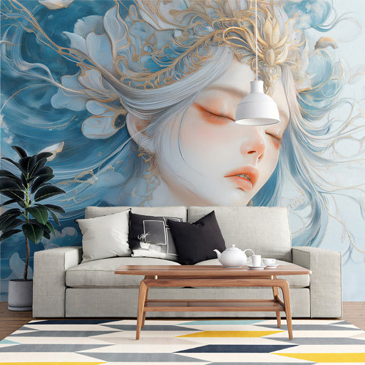 Abstract Zodiac - Inspired Mural Wallpaper | Blue - Gold, Flowing Forms