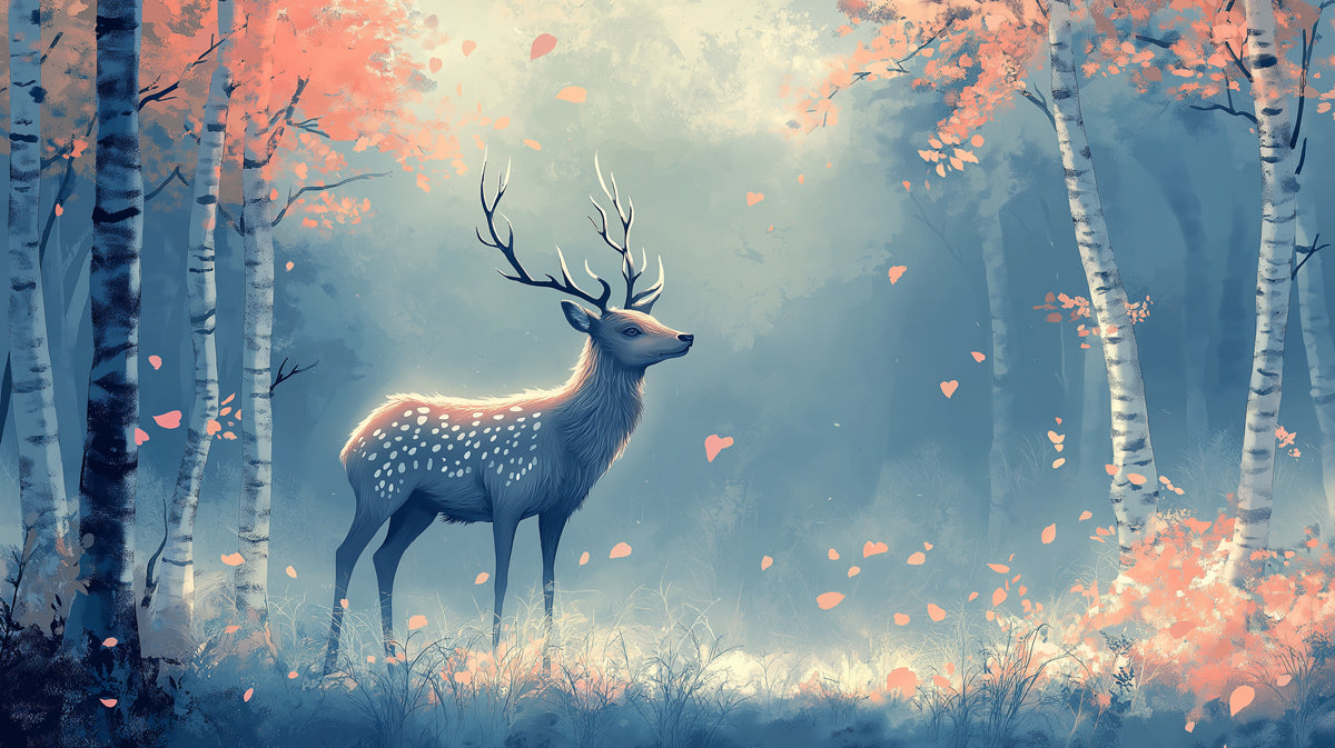 Blauer Wald mit Hirsch und Herbstlaub - Wandbild für ein Kinderzimmer | Blau, Orange und Weiß Hirsch