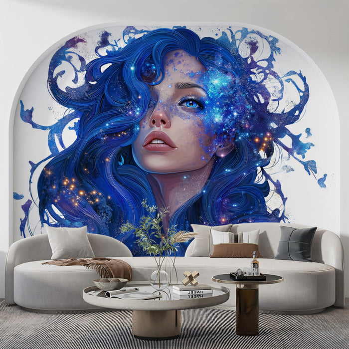 Enchanted Celestial Woman Mural Wallpaper | Deep Blues, Stardust Effects