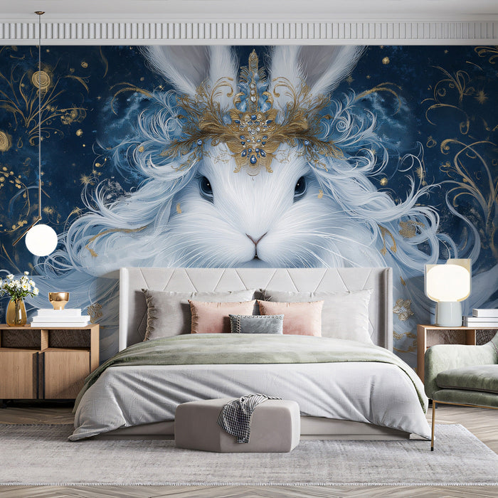 Mythical Rabbit Mural Wallpaper | Dark Blues, Golden Ornaments