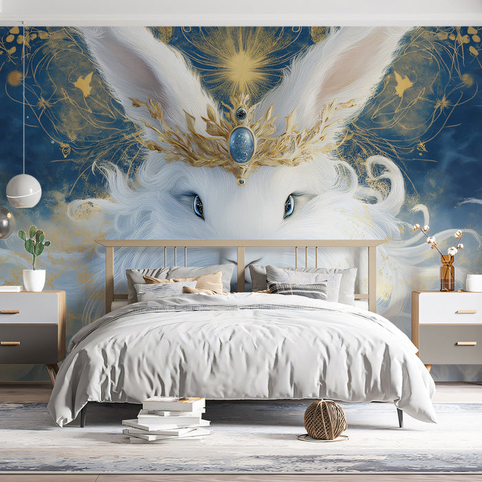 Mythical Rabbit Mural Wallpaper | Dark Blues, Golden Ornaments