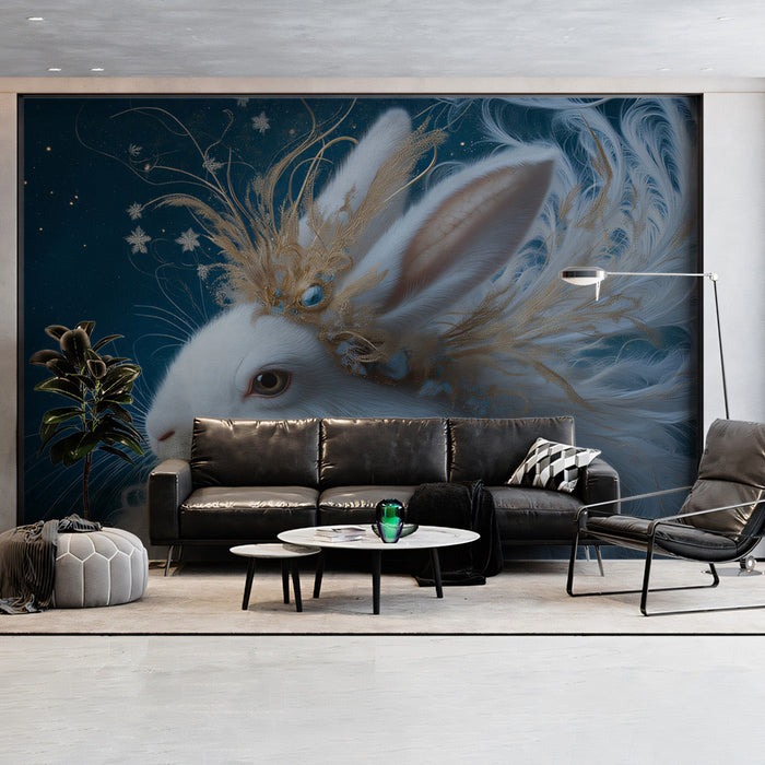 Mythical Rabbit Mural Wallpaper | Midnight Blue, Golden Frost
