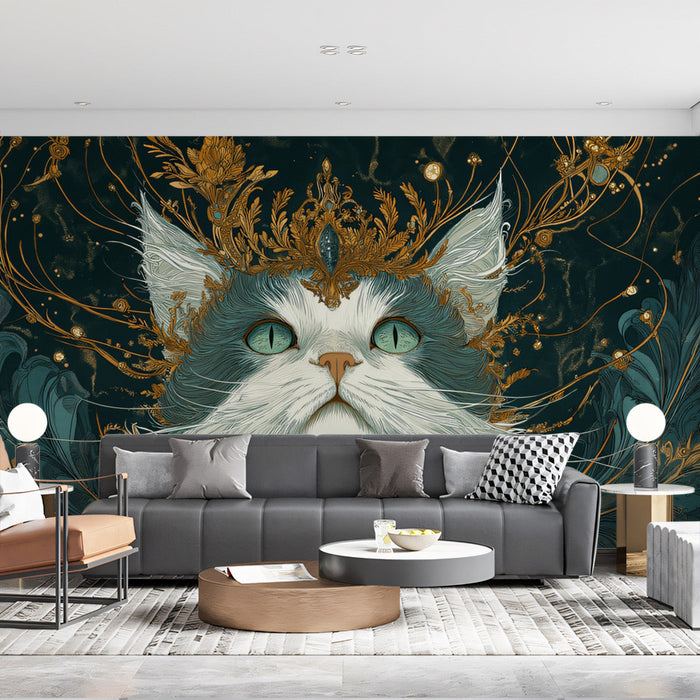 Regal Cat Mural Wallpaper | Deep Teal, Gilded Ornaments