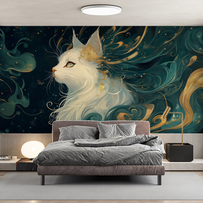 Ethereal Cat Mural Wallpaper | Soft Blues, Celestial Swirls
