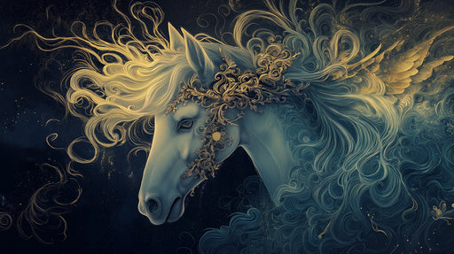 Mythical Horse Mural Wallpaper | Navy Blue, Golden Whirlwinds