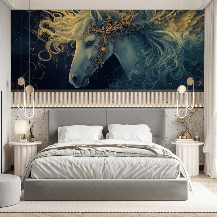 Mythical Horse Mural Wallpaper | Navy Blue, Golden Whirlwinds