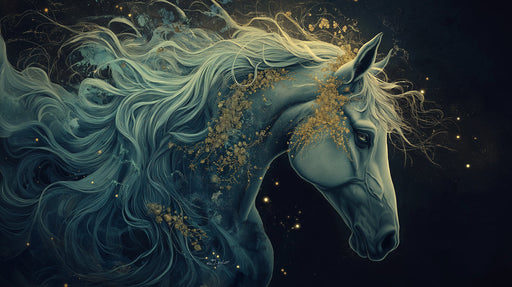 Mythical Horse Mural Wallpaper | Navy Blue, Golden Whirlwinds