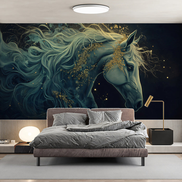 Mythical Horse Mural Wallpaper | Navy Blue, Golden Whirlwinds
