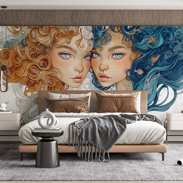 Gemini - Dual - Figure Mural Wallpaper | Pastel Hues, Celestial Motifs